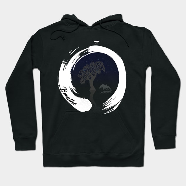 Zen like circle with tree dolphin night sky and text Breathe, yoga Hoodie by CHNSHIRT
